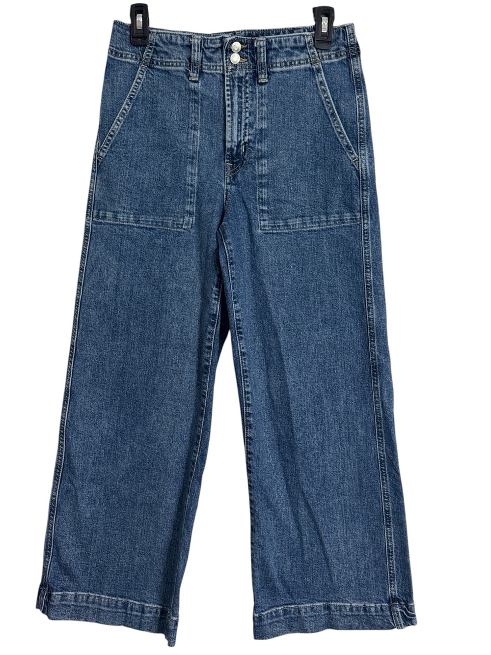 Gap Denim High Rise Wide Leg Crop Blue Jeans Dark Wash Patch Pockets 70s size 28